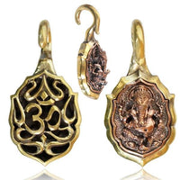 Cargar imagen en el visor de la galería, Ohrgewichte Piercing Ganesha Om Brass antik golden Kupfer Inlay rotgolden 20 g
