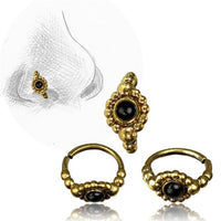 Load image into Gallery viewer, Nostril Piercing Nasenringe Brass antik golden Kugelblume Onyx 1 cm/0,8 mm
