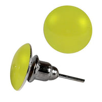 Load image into Gallery viewer, A close-up of a yellow 8 mm round, domed Ohrstecker aus Acryl, Unisex Ohrringe with Edelstahl, nickelfrei backing, shown from the side and top views.

