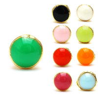 Load image into Gallery viewer, Nine glossy, round, colorful 3 mm Brass Ohrstecker aus gewölbtem, goldumrandetem Emaille (nickelfrei Messing) are shown: the largest is green, the others include black, white, pink, light green, red, orange, magenta, and light blue.
