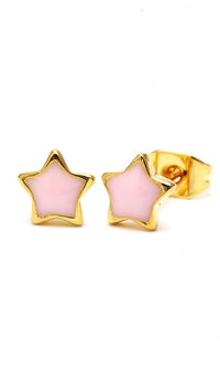 Cargar imagen en el visor de la galería, A pair of Brass Ohrstecker Stern 6 mm in gold, featuring colorful enamel centers and made of nickel-free Messing, is displayed on a white background.
