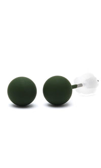 Load image into Gallery viewer, A pair of 6 mm unisex matte green stainless steel ball stud earrings with rubber coating and nickel-free, clear plastic backs, displayed on a white background.
