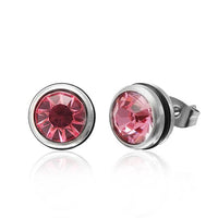 Load image into Gallery viewer, The CHICNET Brass Ohrstecker silber Gummi Glaskristall 10mm rund are silver stud earrings with round, faceted pink glass crystals, displayed on a white background with a subtle reflection.
