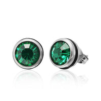 Load image into Gallery viewer, A pair of CHICNET Brass Ohrstecker silber stud earrings featuring 10mm round green Glaskristall set in nickelfrei silver bezels, displayed on a white background with a subtle reflection.

