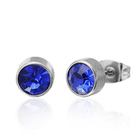 Load image into Gallery viewer, A pair of &quot;Brass Ohrstecker silber Glaskristall facettiert 6mm rund bunt hoch&quot; features silver stud earrings with round, faceted, colorful glass crystals, 6mm in size, bezel-set and nickelfrei, shown on a white background.
