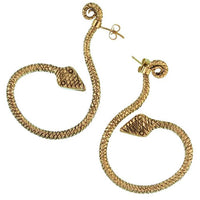 Load image into Gallery viewer, Ohrstecker Schlange schraffiert gebogen Messing golden nickelfrei Piercing Brass antik Tribal
