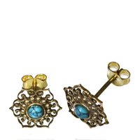 Cargar imagen en el visor de la galería, Messing Ohrstecker antik golden Türkis Inlay Blume Punkte Kreis Schnörkel
