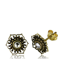 Load image into Gallery viewer, Messing Ohrstecker antik gold Lotus Zahnrad Khamsa Blume Türkis
