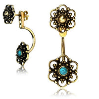 Load image into Gallery viewer, Messing Ohrstecker antik golden Ear Jacket Blumen Türkis Onyx Doppelohrstecker

