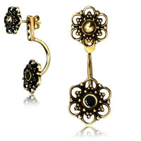 Load image into Gallery viewer, Messing Ohrstecker antik golden Ear Jacket Blumen Türkis Onyx Doppelohrstecker
