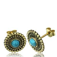 Load image into Gallery viewer, Messing Stein Türkis Onyx Ohrstecker antik golden
