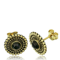 Load image into Gallery viewer, Messing Stein Türkis Onyx Ohrstecker antik golden
