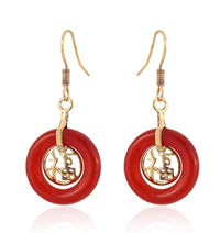 Cargar imagen en el visor de la galería, These Brass Ohrringe Ohrhänger for Damen feature round red Katzenauge hoops accented with detailed gold cut-out designs, all nickel-free for comfortable wear.

