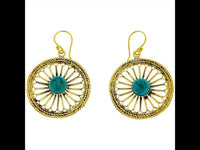Load image into Gallery viewer, Ohrringe Blume Zopf Türkis Messing antik golden Tropfen Ohrhänger nickelfrei Tribal Brass Schmuck
