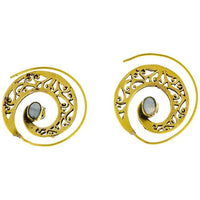 Load image into Gallery viewer, Spiralen Ohrringe breit gestanzt Mondstein oval Messing antik golden nickelfrei Piercing Tribal

