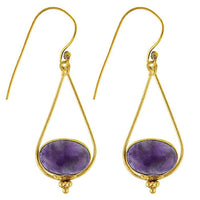 Load image into Gallery viewer, Ohrringe Amethyst oval Tropfen Dreieck Punkte Messing antik golden Ohrhänger nickelfrei Tribal

