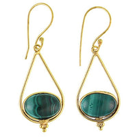 Load image into Gallery viewer, Ohrringe Malachit oval Tropfen Dreieck Punkte Messing antik golden Ohrhänger nickelfrei Tribal
