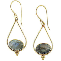Load image into Gallery viewer, Ohrringe Labradorit oval Tropfen Dreieck Punkte Messing antik golden nickelfrei Tribal Ohrhänger

