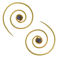 Load image into Gallery viewer, Spiralen Ohrringe dünn Lapis rund Messing Brass antik golden nickelfrei Piercing Tribal Schmuck
