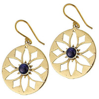 Load image into Gallery viewer, Ohrringe Blume Sandstein blau glänzend Messing Brass antik golden Ohrhänger nickelfrei Tribal
