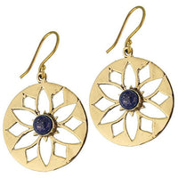 Load image into Gallery viewer, Ohrringe Blume Lapis glänzend Messing Brass antik golden Ohrhänger nickelfrei Tribal
