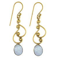 Load image into Gallery viewer, Ohrringe S-Formen Kugeln oval Mondstein Messing antik golden nickelfrei Tribal Ohrhänger
