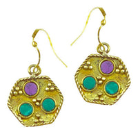 Load image into Gallery viewer, Ohrringe Wabe Steine rund lila grün Ohrhänger Messing antik golden nickelfrei Tribal Brass
