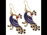 Load image into Gallery viewer, Ohrringe Pfau Mosaik Steine blau rot Messing antik golden nickelfrei Tribal Ohrhänger
