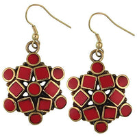 Load image into Gallery viewer, Ohrringe Blume Kreise Quadrate Jaspis Messing antik golden nickelfrei Tribal Ohrhänger
