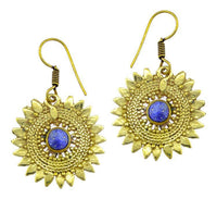 Load image into Gallery viewer, Ohrringe Lapis Stein Zopf Blätter Punkte Dreiecke Messing Ohrhänger blau nickelfrei antik Tribal
