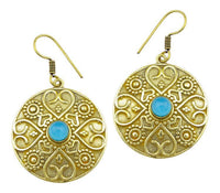Cargar imagen en el visor de la galería, Ohrringe Chalzedon Stein Herz Kreis Dreiecke Messing Ohrhänger türkis nickelfrei antik Tribal Brass
