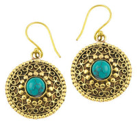 Load image into Gallery viewer, Ohrringe Türkis Kreise rund Spiralbögen Messing antik golden Tribal 22 mm
