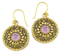 Load image into Gallery viewer, Ohrringe Amethyst Kreise rund Spiralbögen Messing antik golden Tribal 22 mm
