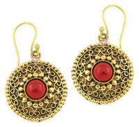 Load image into Gallery viewer, Ohrringe Jaspis Kreise rund Spiralbögen Messing antik golden Tribal 22 mm
