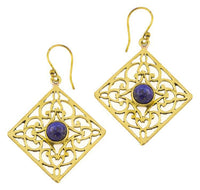 Load image into Gallery viewer, Ohrringe Lapis Karo Ornamente glänzend Messing antik golden Tribal 40 mm
