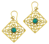 Load image into Gallery viewer, Ohrringe Türkis Karo Ornamente glänzend Messing antik golden Tribal 40 mm

