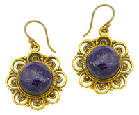 Load image into Gallery viewer, Ohrringe Lapis facettiert Blume Bögen Messing antik golden Tribal 25 mm
