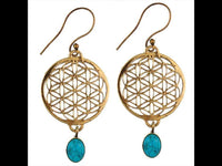 Load image into Gallery viewer, Ohrringe Blume des Lebens rund Türkis Stein Messing antik golden nickelfrei Tribal Brass
