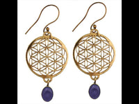 Cargar imagen en el visor de la galería, Ohrringe Blume des Lebens rund Lapis blau Stein Messing antik golden nickelfrei Tribal Brass

