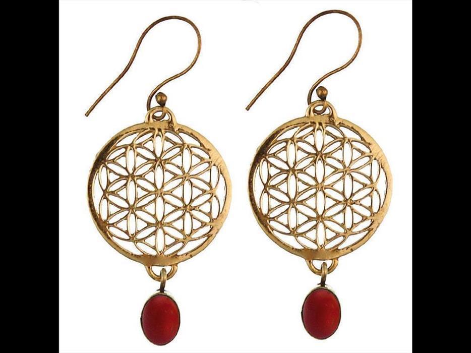 Ohrringe Blume des Lebens rund Granat rot Stein Messing antik golden nickelfrei Tribal Brass