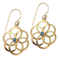 Load image into Gallery viewer, Ohrringe Blume glänzend spiralig Türkis blau Messing antik golden Tribal Ohrhänger

