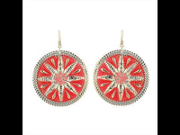 Cargar imagen en el visor de la galería, Brass Ohrringe Emaille Sternblume Zackenrand rund rot golden 5 cm Ohrhänger
