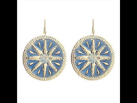 Load image into Gallery viewer, Brass Ohrringe Emaille Sternblume Zackenrand rund blau golden 5 cm Ohrhänger
