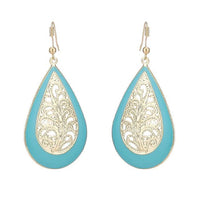 Load image into Gallery viewer, Brass golden blaue Ohrringe Emaille Tropfen Farn verziert gewölbt 5 cm
