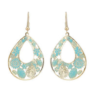 Cargar imagen en el visor de la galería, Brass golden blaue Ohrringe Emaille Tropfen Creolen Blumen 4 cm
