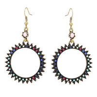 Load image into Gallery viewer, Brass golden Ohrringe Zacken Ring Steine rosa bunt facettiert 50 mm
