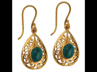 Load image into Gallery viewer, OhrringeTropfenform Muster großer Türkis Stein Messing antik golden Tribal Ohrhänger
