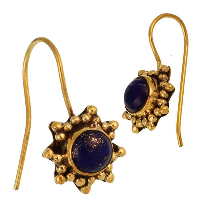 Ohrringe Sternform kleine Kugeln Lapis Lazuli Lila rund Messing glänzend antik golden