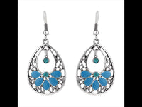 Load image into Gallery viewer, Brass Ohrringe antik silberfarben Tropfen Schnörkel türkis blau Kreise
