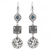 Load image into Gallery viewer, Brass Ohrringe silberfarben antik Kreis Quadrat Schnärkel Anhänger Stein türkis
